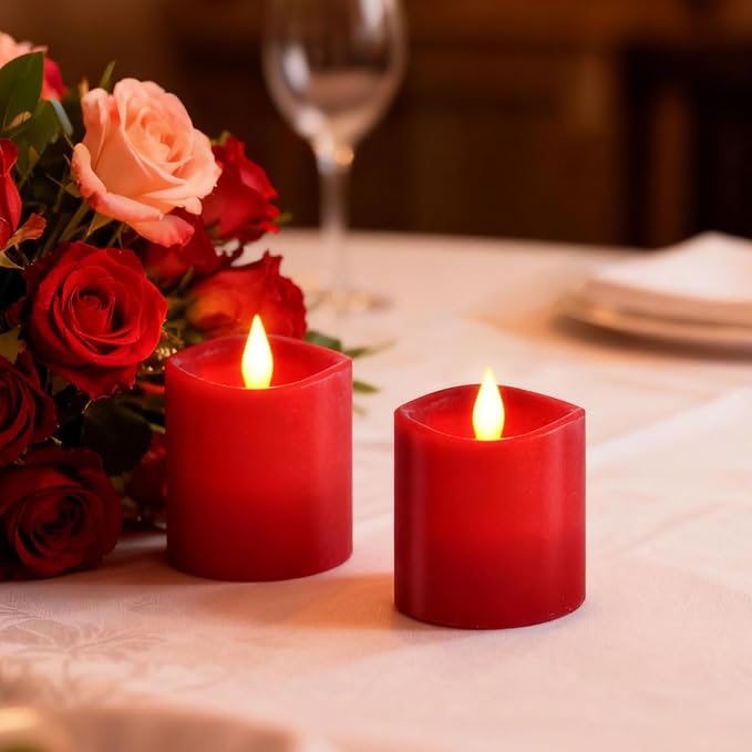Red LED Pillar Candles, 3inch - Battery Operated with Remote Timer, Flickering Flame, Lasts Over 600 Hours, Perfect for Christmas and Halloween Deco (Red, 3"*3"-2pcs)