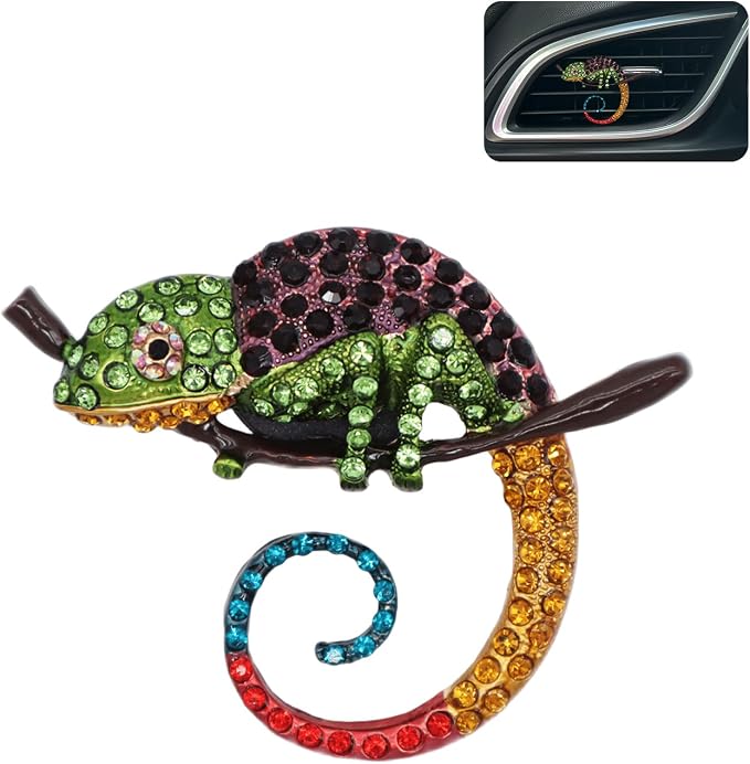 ORIESSE Bling Car Accessories Chameleon Air Freshener Vent Clips Long Lasting Aroma Diffuser Cute Colorful Lizard Decor for Women Teens