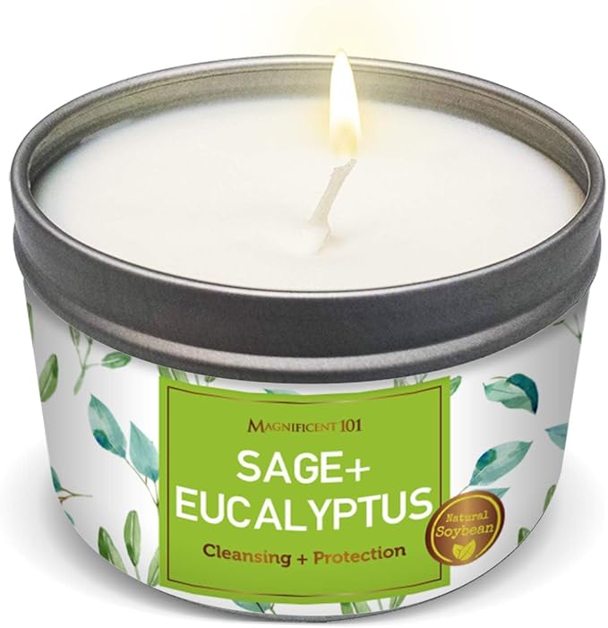 Magnificent 101 Long Lasting Sage + Eucalyptus Scented Smudge Candle - 6 Oz - 35 Hour Burn - Made of Soy Wax for Energy Cleansing & Manifestation - Fortify Life's Uncertain Path - Soy Candles