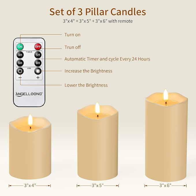 ANGELLOONG Flameless Candles with Remote, Flickering Battery Operated Pillar LED Candles with 4/5/6/8H Timer for Bridal Shower, Wedding Table Decor, Home Decor, Set of 3