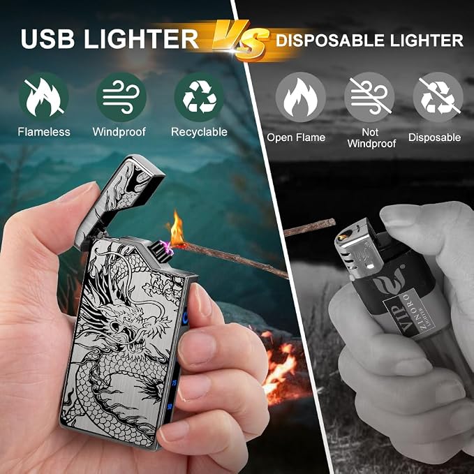 LcFun Electric Lighter - USB Rechargeable, Dual Arc Plasma Lighter, Windproof Flameless Lighters, Electronic Lighters with LED Battery Indication Gifts for Men Boyfriend Husband (Dragon Black)