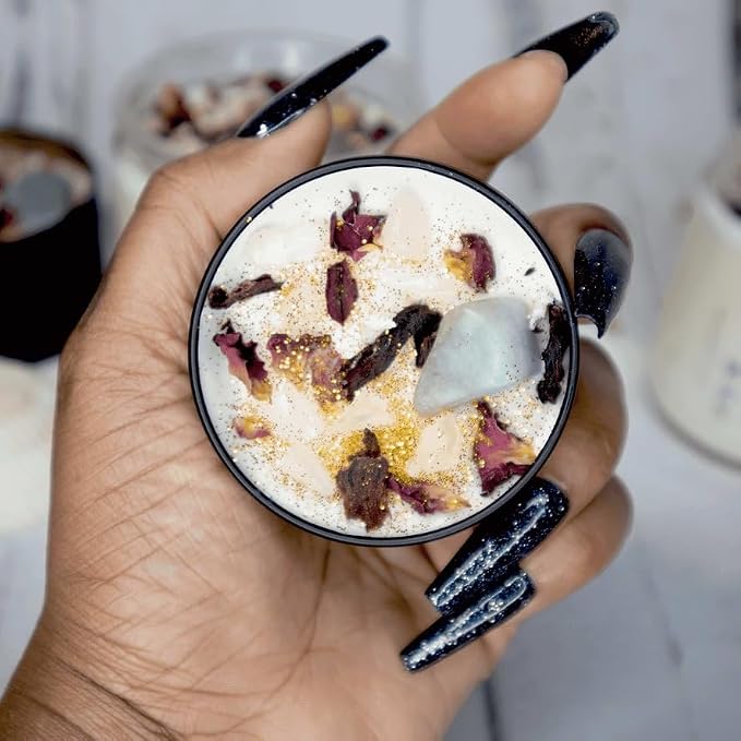 BlkGrlMagick Rose Quartz Self Love Manifestation Crystal Candle, Sea Salt and Orchid Scented Amazonite,Rose Petals, Hibiscus, Organic Soy Candles, Handmade, Black Owned Spiritual Gifts (4oz Tin)