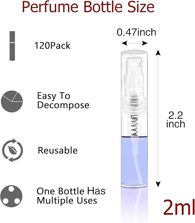 Mini Spray Bottle, Clear Plastic Empty Sample Containers, Fine Mist Perfume Travel Refillable Spray Bottle Perfume Atomizer Small Portable Bottle for Cleaning, Travel, Essential Oils(120, 2ml)
