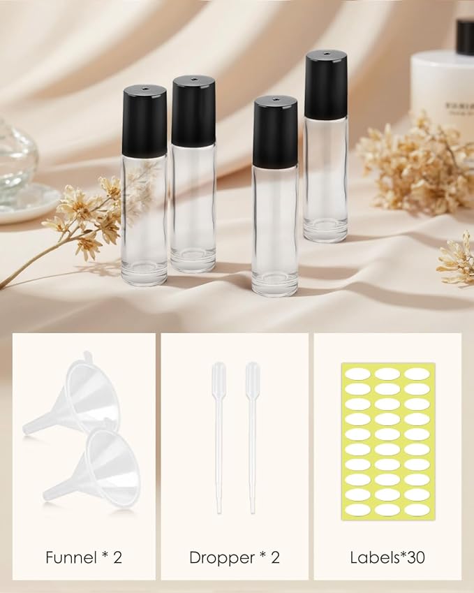 Worldgsb 25 Pack Essential Oil Roller Bottles, 10ml Refillable Clear Glass Roller Bottles with Stainless Steel Roller Balls and Caps for Travel, Perfume and Lip Gloss