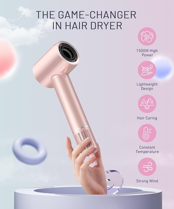 Cosy Companions High-Speed Ionic Hair Dryer, 150000 RPM Brushless Motor for 2-5 Min Fast Drying, Low Noise Blow Dryer Reduces Frizz & Heat Damage, Lightweight Hair Dryer with Diffuser & Nozzle, Pink