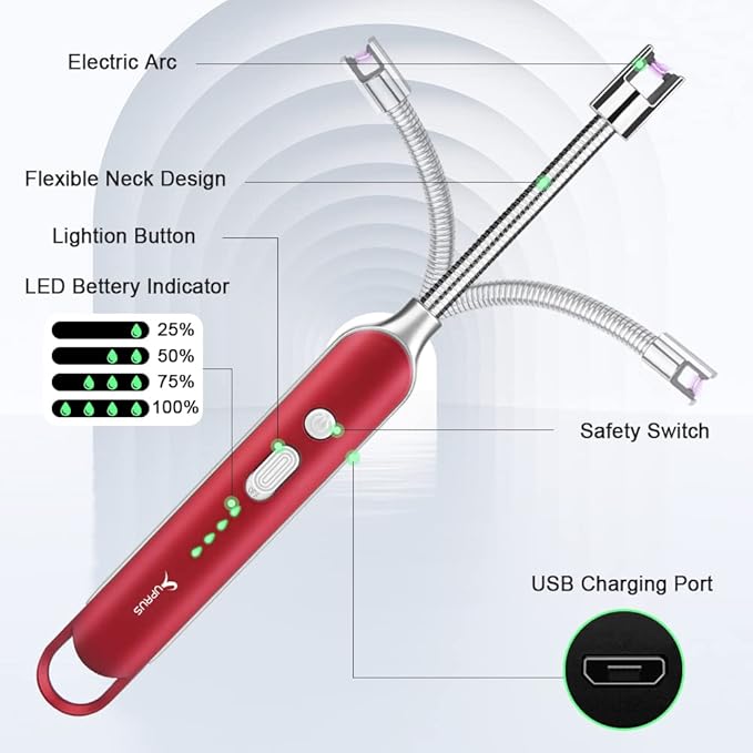 SUPRUS Electric Rechargeable Arc Lighter with LED Battery Display Long Flexible Neck USB Lighter for Candle Cooking (Red, 3Packs)