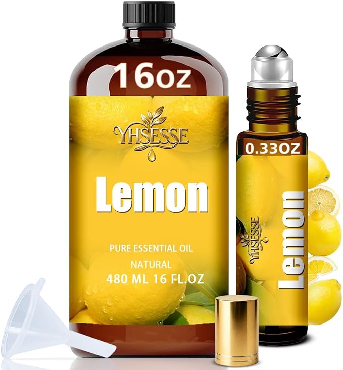 Lemon Essential Oil, Lemon Oil 16 Fl Oz 480ml for Diffuser Yoga Soap & Candle Making – with 0.33 Oz Roller Ball & Funnel YHSESSE Essential Oils