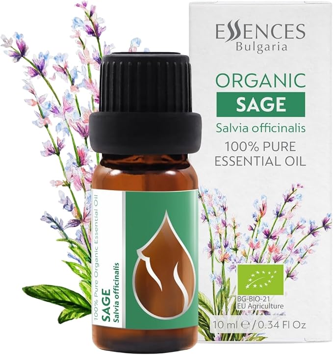 Essences Bulgaria Organic Sage Essential Oil 1/3 Fl Oz | 10ml | Salvia officinalis | 100% Pure and Natural | Undiluted | Therapeutic Grade | Family Owned Farm | Steam-Distilled | Non-GMO | Vegan