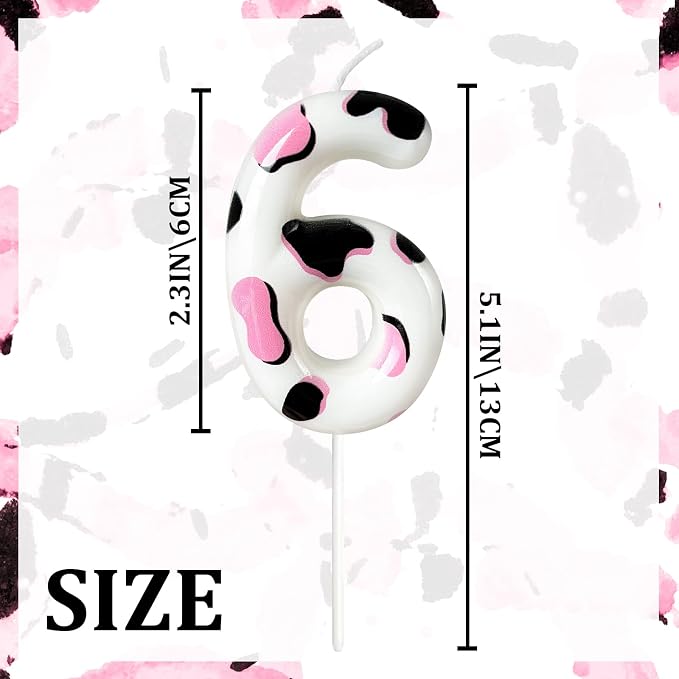 Number 6 Birthday Candle for Cake – Cow Print Design in White Black Pink – Farm Theme & Cowgirl Party Cake Topper Decoration