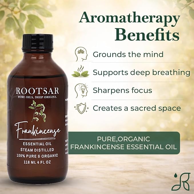 Frankincense Essential Oil – 100% Pure Organic Frankincense Oil, Steam Distilled, 4 FL OZ / 118 ML – Premium Essential Oil for Diffuser, Aromatherapy, Massage, Skin Care, Candle & Soap Making