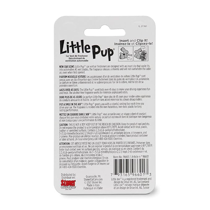 Little Pup 96601 New Car Scent Car Air Freshener Clip Provides Long-Lasting Freshness in a Compact Design, Fights Odors for up to 45 Days, Cute Car Odor Eliminator, Non-Toxic, Pack of 4