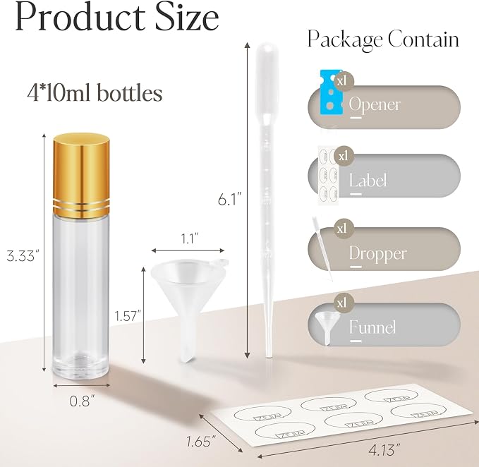 10ml Roller Bottles for Essential Oils, 4 Pack Glass Roll on Bottles, Refillable Perfume Bottle, with Stainless Steel Roller Balls, 2 Droppers, 1 Opener, Labels (Clear)