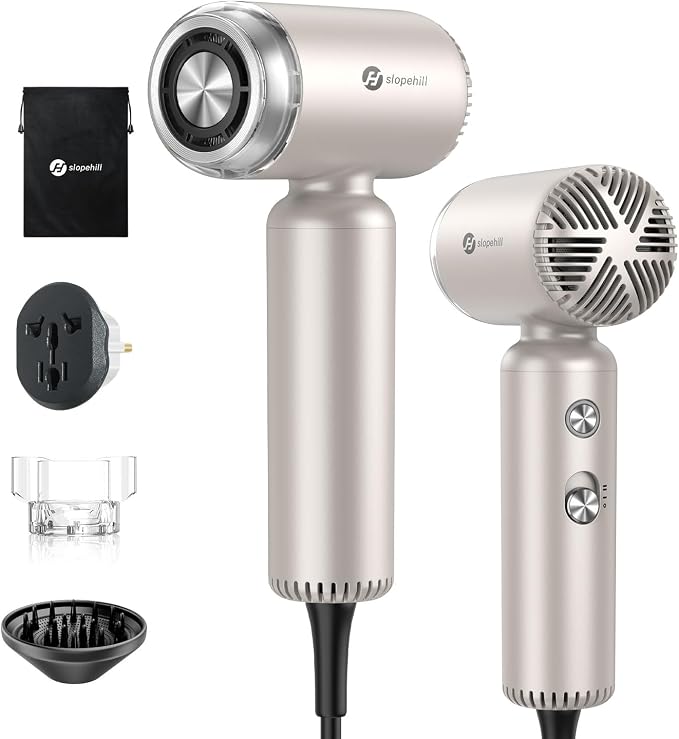 slopehill Dual Voltage Travel Mini Hair Dryer, Lightweight Ionic Blow Dryer, Professional Fast Drying, Compact Portabe Quiet Hairdryer with Magnetic Diffuser for Women, International European 100-240V