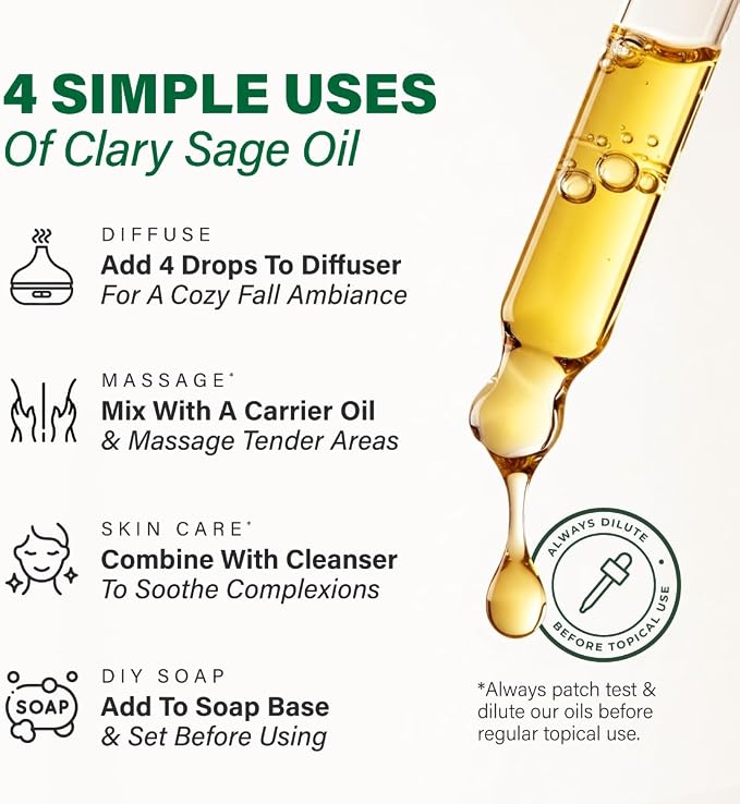 100% Pure Clary Sage Oil - 1.02 Fl Oz Clary Sage Essential Oil for Hair, Skin, Diffuser, Aromatherapy & DIY Soap Making Scent