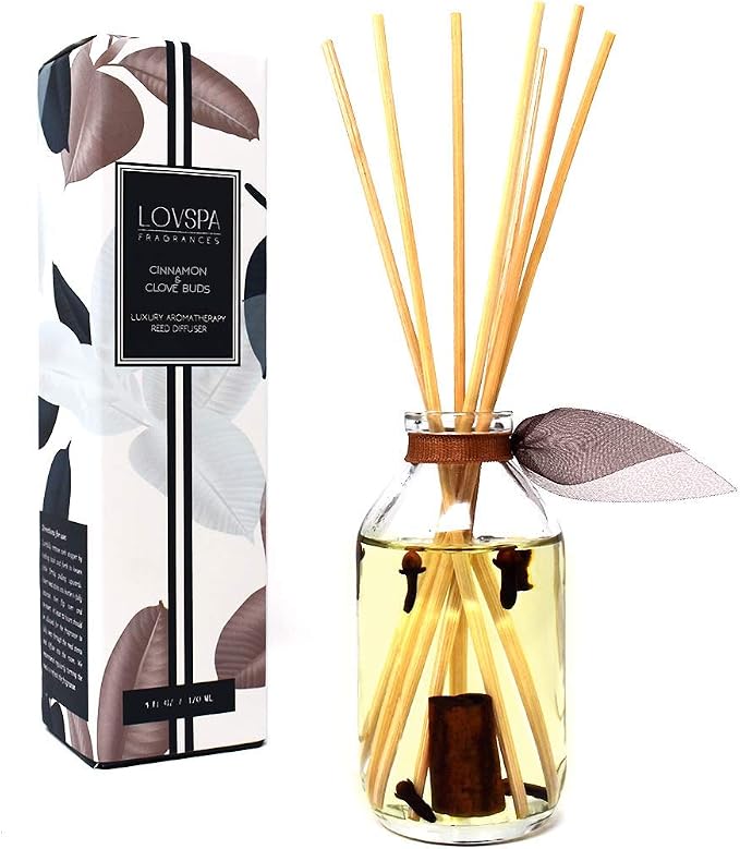 Cinnamon & Clove Buds Reed Diffuser Set, Room Fragrance, Shelf Decor | Cinnamon, clove buds, and tonka bean profile, home scent, decorative glass bottle, entryway, guest bathroom,