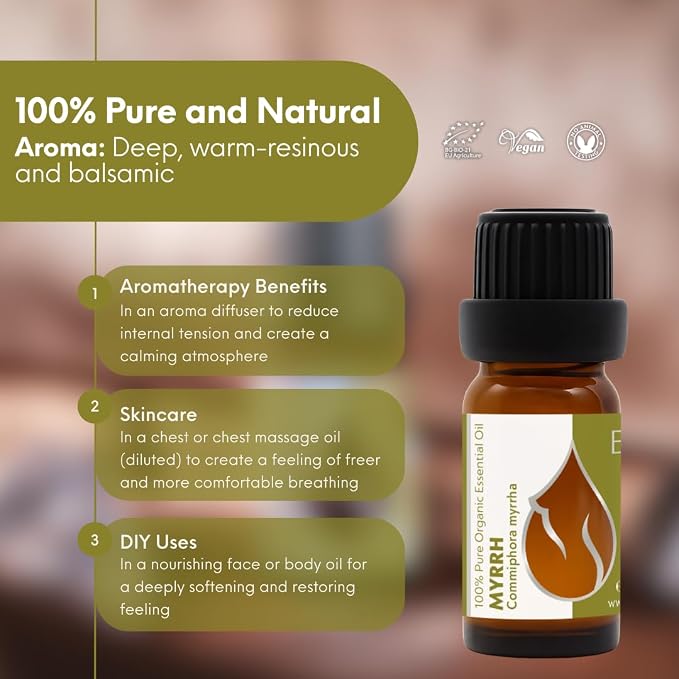 Essences Bulgaria Organic Myrrh Essential Oil 0.34 Fl Oz | 10ml | Commiphora myrrha | 100% Pure and Natural | Undiluted | Therapeutic Grade | Aromatherapy | Cosmetics | Cruelty Free | Non-GMO