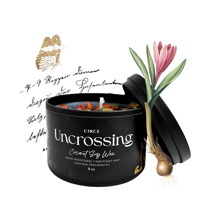 Circe Spell Candle “Uncrossing” Coconut Soy Wax Candle Jar – Premium Hand Poured & Long Burning – Herbs, Crystals & Natural Fragrance Oils- Protection, Balance & Renewal- Self Care, Gift- 8oz