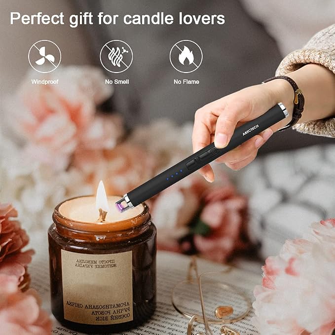 ARECTECH Rechargeable Electric Candle Lighter, Arc Plasma Windproof Lighter for Candle Kitchen Birthday, Christmas Stocking Stuffers Gifts for Mom Men Wife with Type-C Cable, Black
