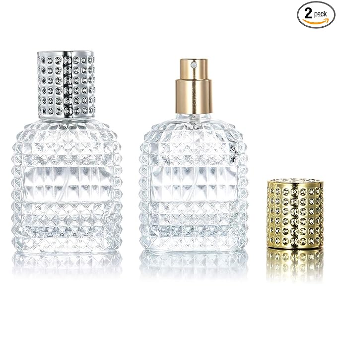 2 Pack 30ml Refillable Clear Glass Fine Mist Empty Spray Perfume Bottles, Atomizer Spray Bottle With 4 kinds of perfume dispenser (Silver cap and Gold cap)