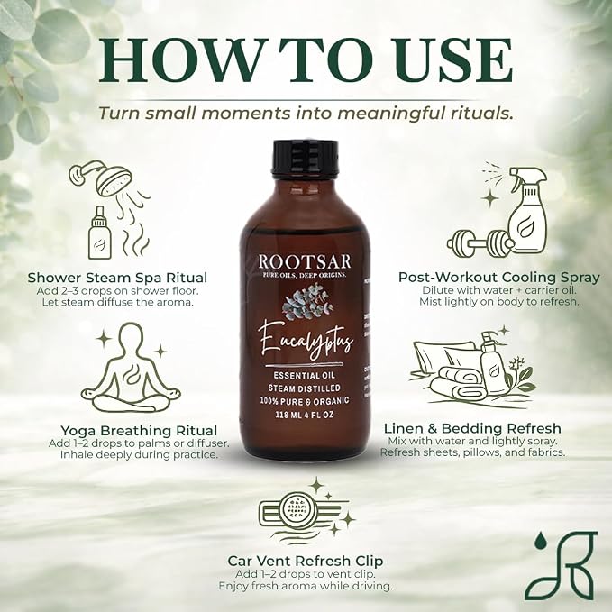 Eucalyptus Essential Oil – 100% Pure Organic Eucalyptus Oil, Steam Distilled, 4 FL OZ / 118 ML – Premium Essential Oil for Diffuser, Aromatherapy, Massage, Skin Care, Candle & Soap Making