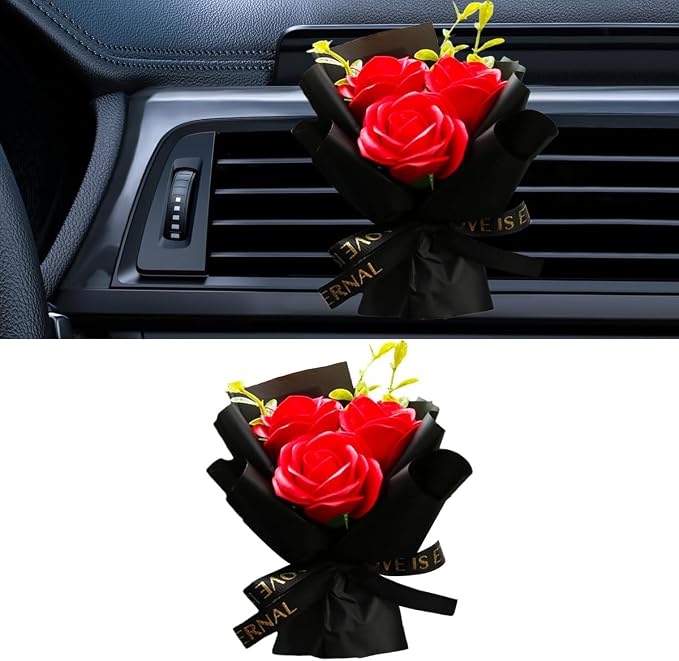 Mini Bouquet Car Air Outlet Vent Clip, Rose Car Dashboard Air Vent Trim Clips, Cute Flower Automotive Interior Diffuser Decoration Accessories for Women Present (Romantic Red)