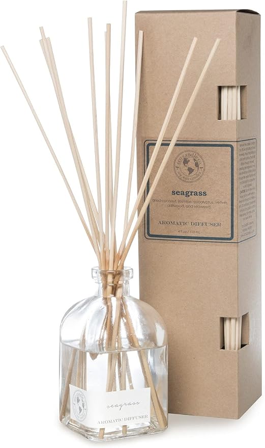 ECO CANDLE CO. Reed Diffuser Set, Seagrass, 4 oz. - Scents of Coconut, Jasmine, Eucalyptus, Vetiver, Driftwood, & Seaweed - Premium Fragrance & Essential Oils, Clear Glass, 12 Reeds, Recycled Box