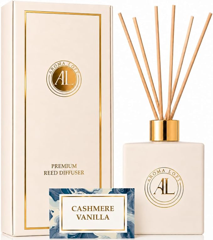 White Reed Diffusers Sticks in Oil Set with Cashmere Vanilla Scent | Long-Lasting Reed Diffusers for Home, Office, Bathroom, & Bedroom Decor Fragrance Diffuser | White Diffuser | (5 oz)