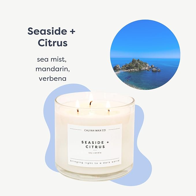 Calyan Wax Co. Seaside & Citrus 3 Wick Scented Candle - 43 Hour Burn - Luxury 3 Wick Soy Candles - Clean Soy Wax Candles - Long Lasting Large Glass Jar Candle for Home - 14.9oz