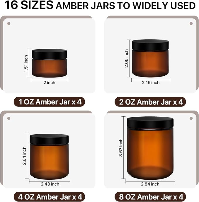 Amber Glass Jars with Lids, 8oz 4oz 2oz 1oz Glass Cosmetic Jars with Inner Liners, Labels & Spatulas, Reusable Lotion Containers for Creams, Body Butter, Scrubs, DIY Cosmetics – 16 Pack