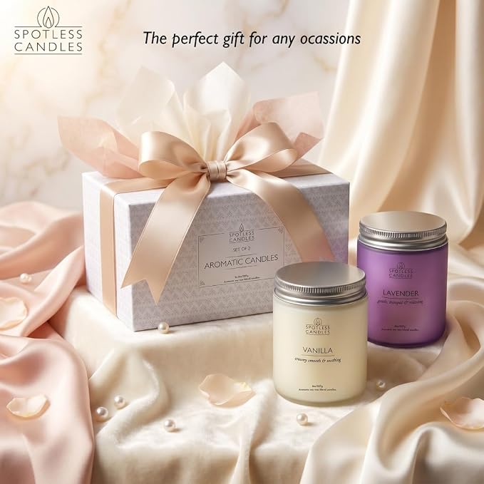 Aromatic Candles Two Pack - 2 x 8 oz Lavender & Vanilla in a Gift Pack, Classic Candle Set for Men and Women by Spotless Leopard
