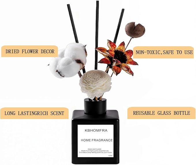 Reed Diffuser Set with Dried Flowers, Jasmine Gardenia Sandalwood Scent, Black Glass Bottle, 5.07fl oz, Aromatherapy Home Fragrance for Bedroom Bathroom (Lime Basil Citrus)