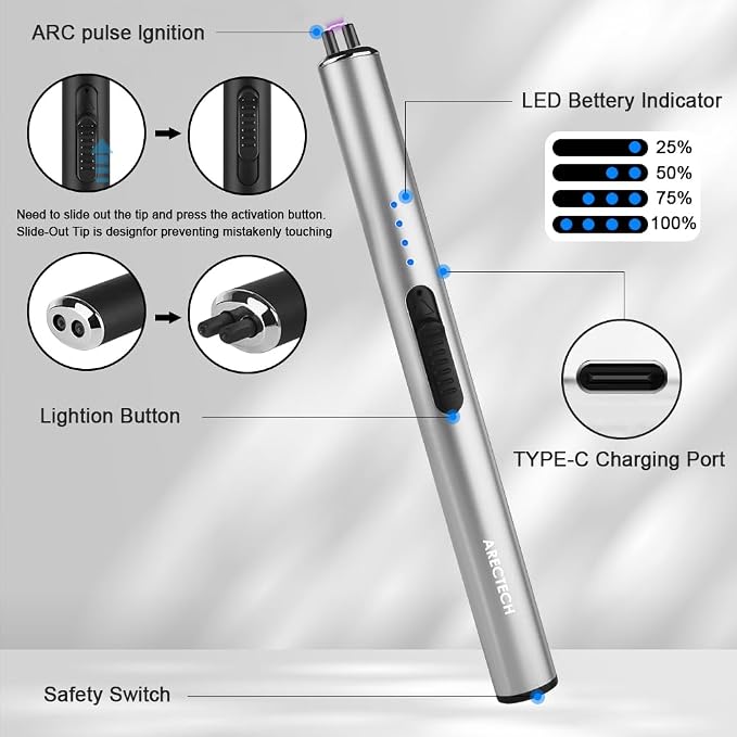 ARECTECH Electric Candle Rechargeable Lighter Arc Plasma Lighters for Candle Kitchen Camping Christmas Type-C Silver