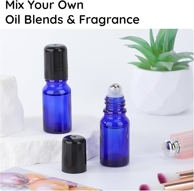 Segbeauty 0.34oz Empty Rollerball Bottles for Oil, 10ml Mini Glass Roller Bottles for Essential Oils, 5pcs Blue Travel Size Roller Ball Applicator Container, Small Travel Perfume Bottle Refillable
