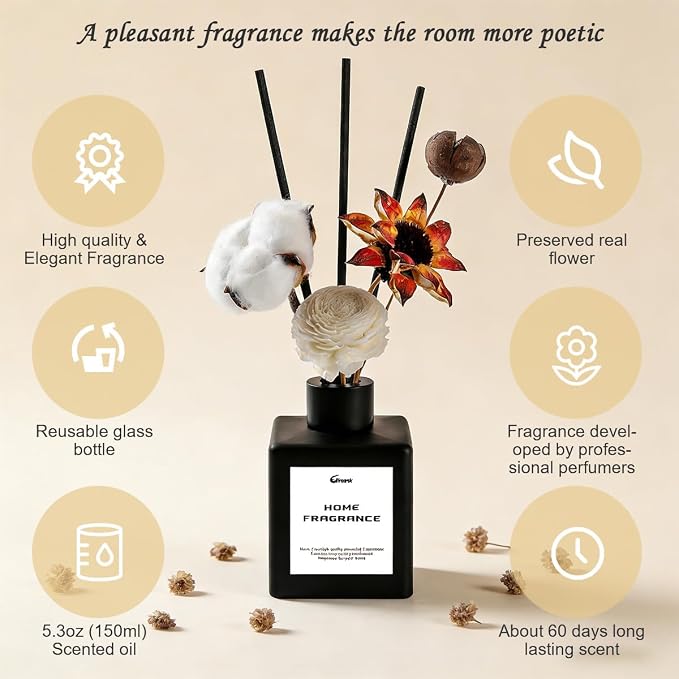 Reed Diffuser, Scent Diffuser with Sticks & Dried Flowers, 120 Days Long Lasting diffusers for Home, Elegant Fragrance for Bathroom Bedroom Office Decor Air Fresh (White Tea)