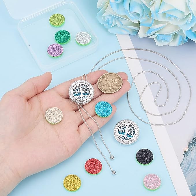 SUNNYCLUE 1Pc Essential Oil Necklace 1Pc Aromatherapy Diffuser Brooch with 10Pcs Refill Pads Set Tree of Life Round Hollow Metal Oil Diffuser Locket Pendants for Women Men Birthday Gifts Yoga Jewelry