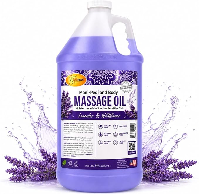 SPA REDI - Massage Oil, Lavender Wildflower, 128 Oz Professional Pedicure, Manicure, Full Body Massage Therapy With Almond Oil, Cotton Seed Oil, Sunflower Oil, Avocado Oil, Essential Oils Pkg May Vary