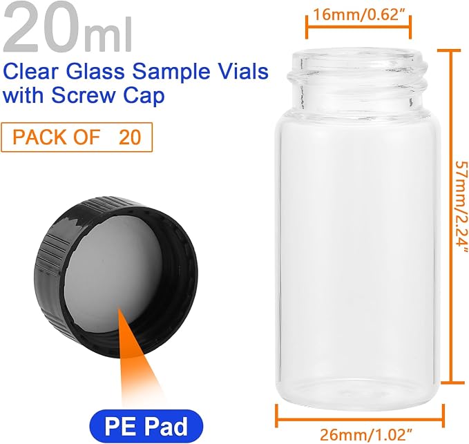 Kesell 20-Pack 20ml Glass Vials with Screw Caps - Small Vials for Essential Oil, and Specimen Samples - Clear Bottles with Lids