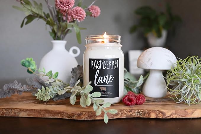 Milkhouse Candle Company Raspberry Lane Soy Candle - Mandarin | Raspberries | Vanilla Scented - 13 oz Mason Jar with Lid, 70+ Hour Burn Time, Made in the USA