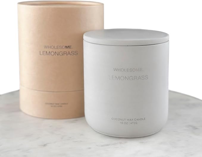 WHOLESOME. Lemongrass Scented Non-Toxic Candles for Home, 2 Wicks Natural Coconut Wax Candle Eco-Friendly, Luxury Aromatherapy Candles Stress Relief, 16 oz Large Concrete Jar, 90 Hours Burn