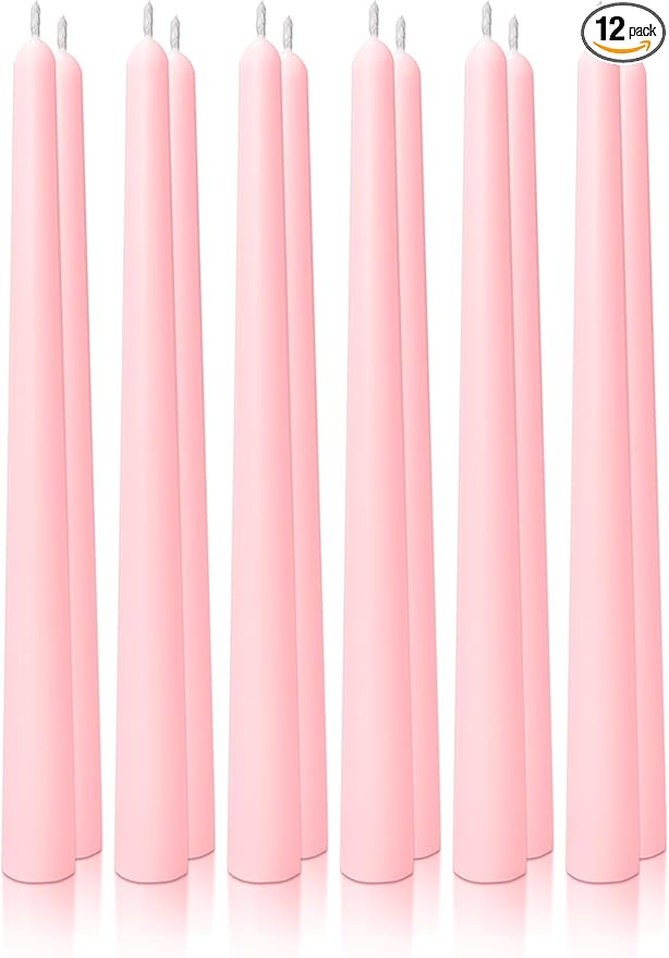 10" Classic Taper Candles, Blush Pink, 12-Pack, 7-8 Hours Long Burning, Unscented Tall Candlesticks