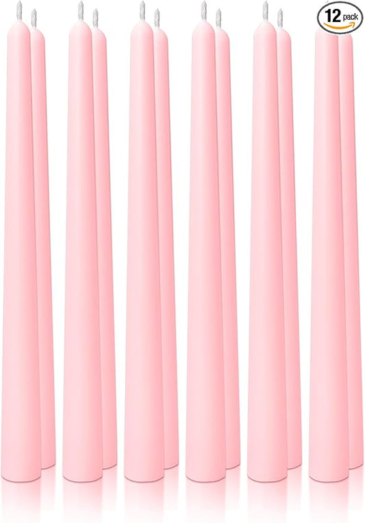 10" Classic Taper Candles, Blush Pink, 12-Pack, 7-8 Hours Long Burning, Unscented Tall Candlesticks