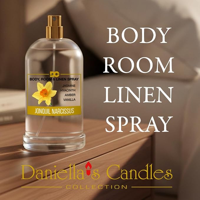 Daniella's Candles Jonquil Narcissus Body Room and Linen Spray, Perfume Natural Body Mist & Room Spray, Long lasting Fragrance, 100ml/3.4oz
