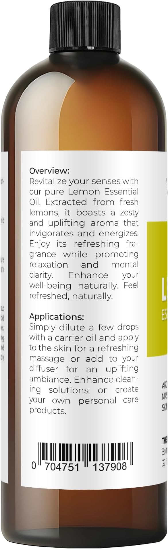 Lemon Essential Oil by Velona - 32 Fl Oz | Therapeutic Grade | for Aromatherapy Diffuser, Massage, Skincare, Haircare, Soapmaking | Undiluted