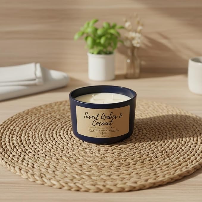 Wicks & Wine Soy Blend 3-Wick Cotton CORE Candle 14oz (Sweet Amber & Coconut)