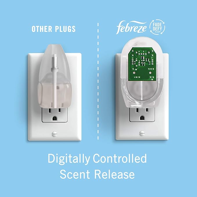 Febreze Plug In Air Freshener, Odor-Fighting Scented Oil Starter Kit, Air Fresheners for Home and Bathroom and Kitchen, Long Lasting for Strong Odors, Linen & Sky Scent, Warmer + 2 Refill