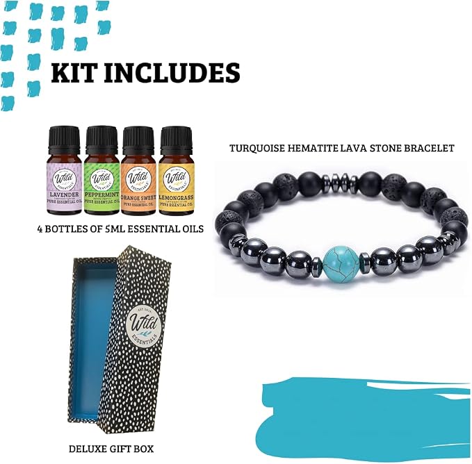 Wild Essentials Turquoise and Hematite Lava Stone Essential Oil Diffuser Bracelet, Expandable Elastic, Aromatherapy Jewelry Gift Set and 100% Pure Oils (Lavender, Lemongrass, Orange and Peppermint)