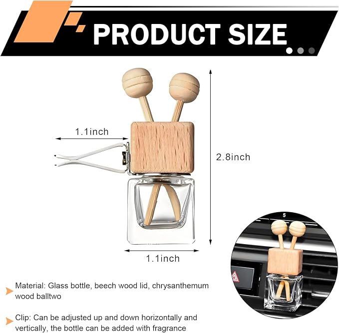 2PCS Empty Car Diffuser Bottle, Refillable Car Air Freshener Vent Clip, Car Air Freshener Diffuser Empty Glass Bottles, Car Scent Diffuser Bottle for Most Vehicles Interior Accessories