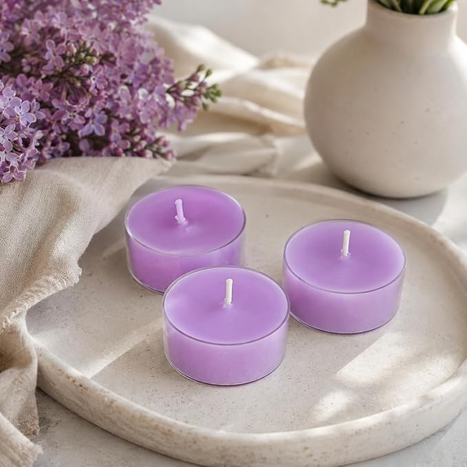 Lilac Scented Tealight Candles, Purple Scent Tea Lights Candles Clear Cup, 24 Pack Colored Tealights Candle, 6 Hour Burn Time Tea Candles for Party, Decor, Spa, Shabbat