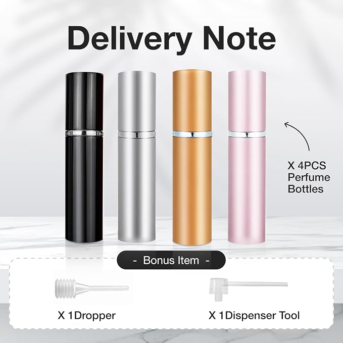 5ML Perfume Travel Spray Bottle(4 PCS), Perfume Atomiser Refillable, Portable for Travel Holiday, Outdoor Activities and Business(black+silver+golden+pink)