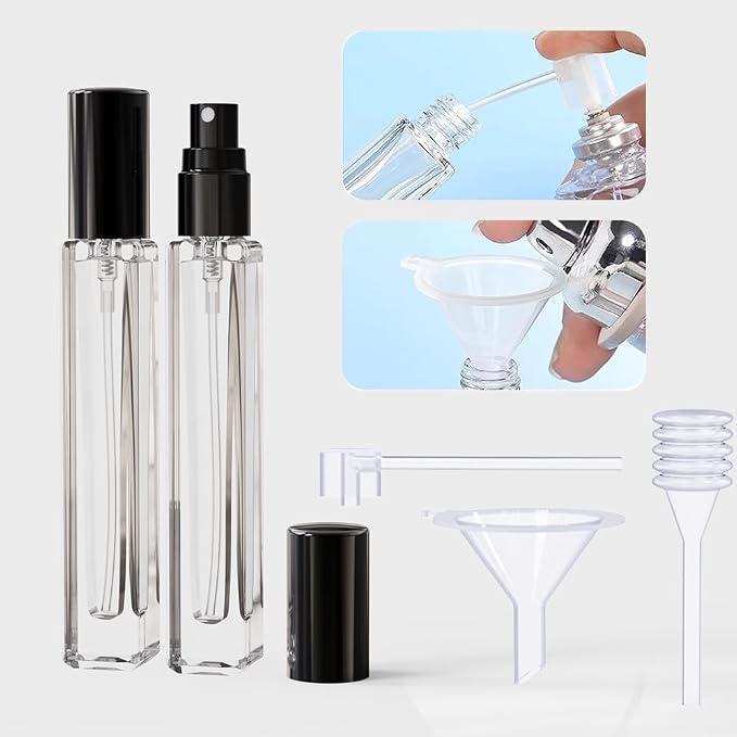 5PCS Cologne Atomizer Empty, 10ML Mini Perfume Bottles Refillable With Dispenser Tools, Pocket Perfume Spray Bottle for Travel and Sample Container (Transparent + Black Cap)
